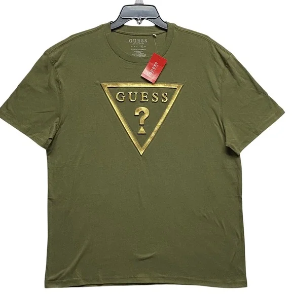 Guess Mens Olive Green Gold 3D Triangle Logo T-Shirt XL NWT - Picture 5 of 6